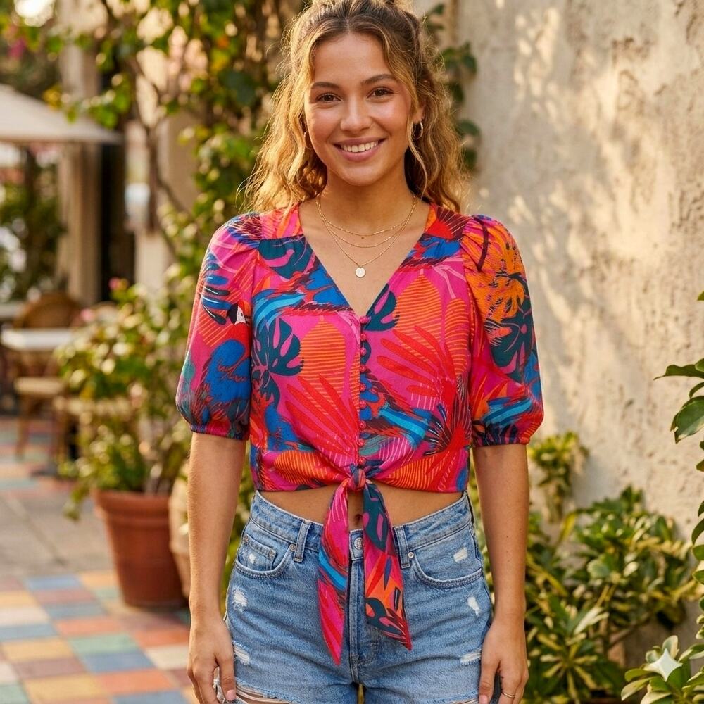 Joie Tropical Print Tie Front Puff Sleeve Cropped Blouse Magenta Size Small